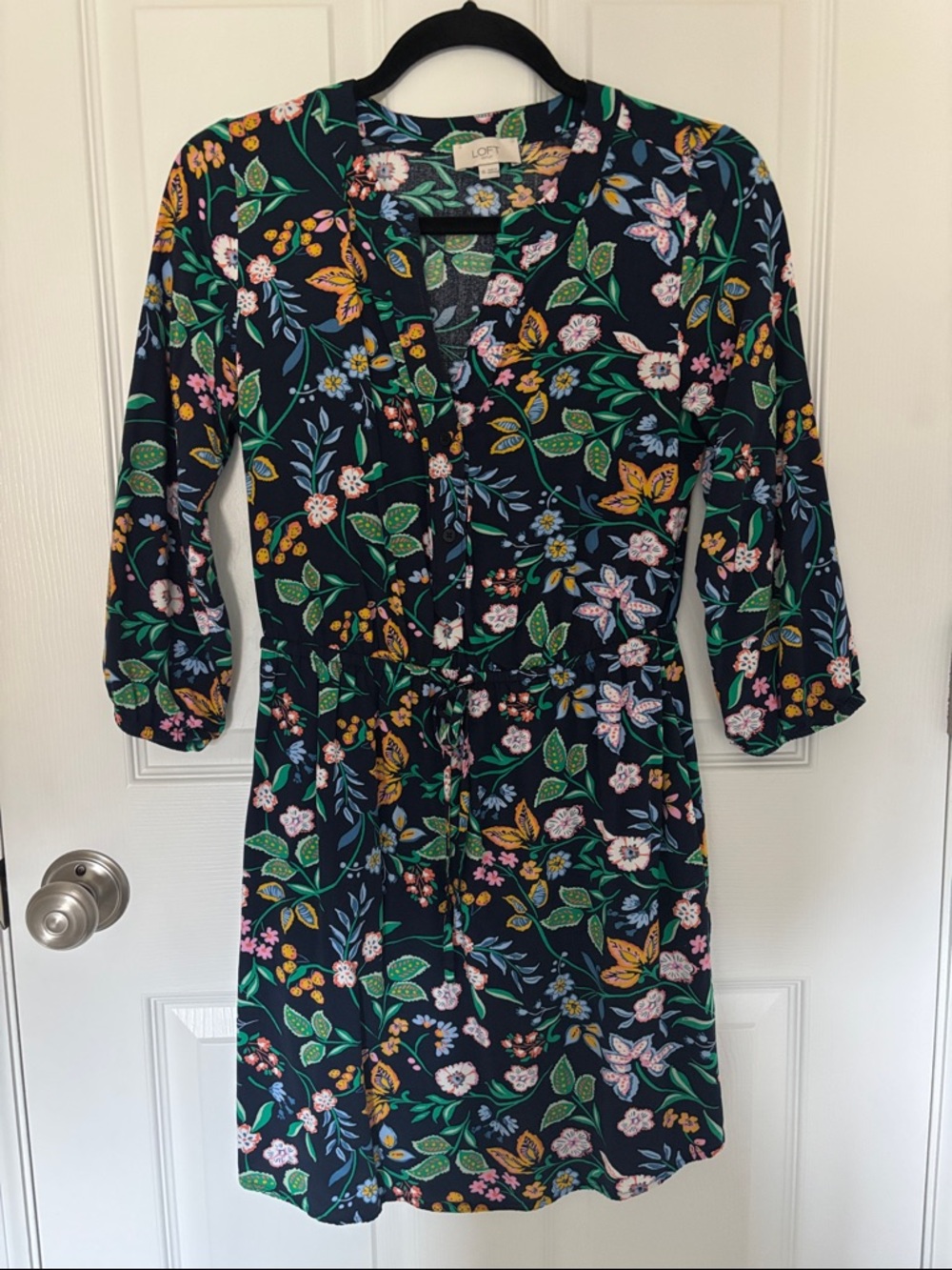 LOFT Navy Floral Tie-Waist Mini Dress